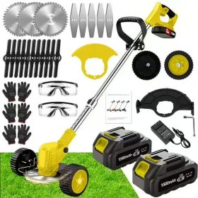 21V Electric Weed Eater With Wheels,Cordless Battery Weed Wacker With Charger, 2Batteries,3 In 1 Brush Cutter String Trimmer Grass Trimmer Lawn M (Option: Yellow)